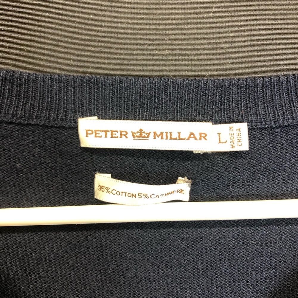 Peter Millar Mens Large Sweater V-Neck Pullover Navy Blue Cotton Cashmere Blend - Picture 2 of 5